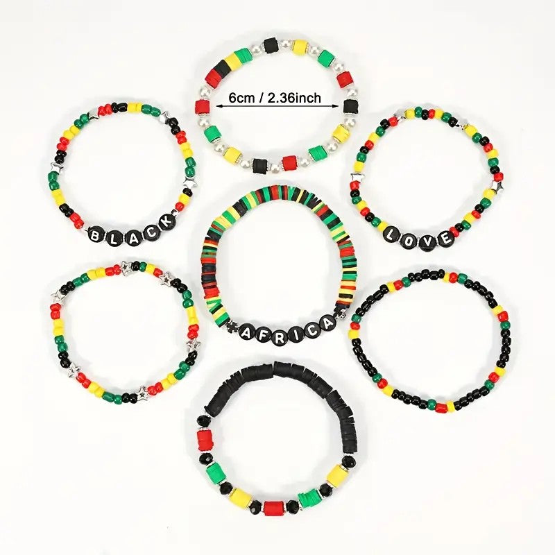 Juneteenth Bracelet Set – Black, Africa, Happy | Colorful African Beaded Stack | Boho Elastic Bracelets | Red, Black, Green Festival Jewelry (Unisex) (Copy)
