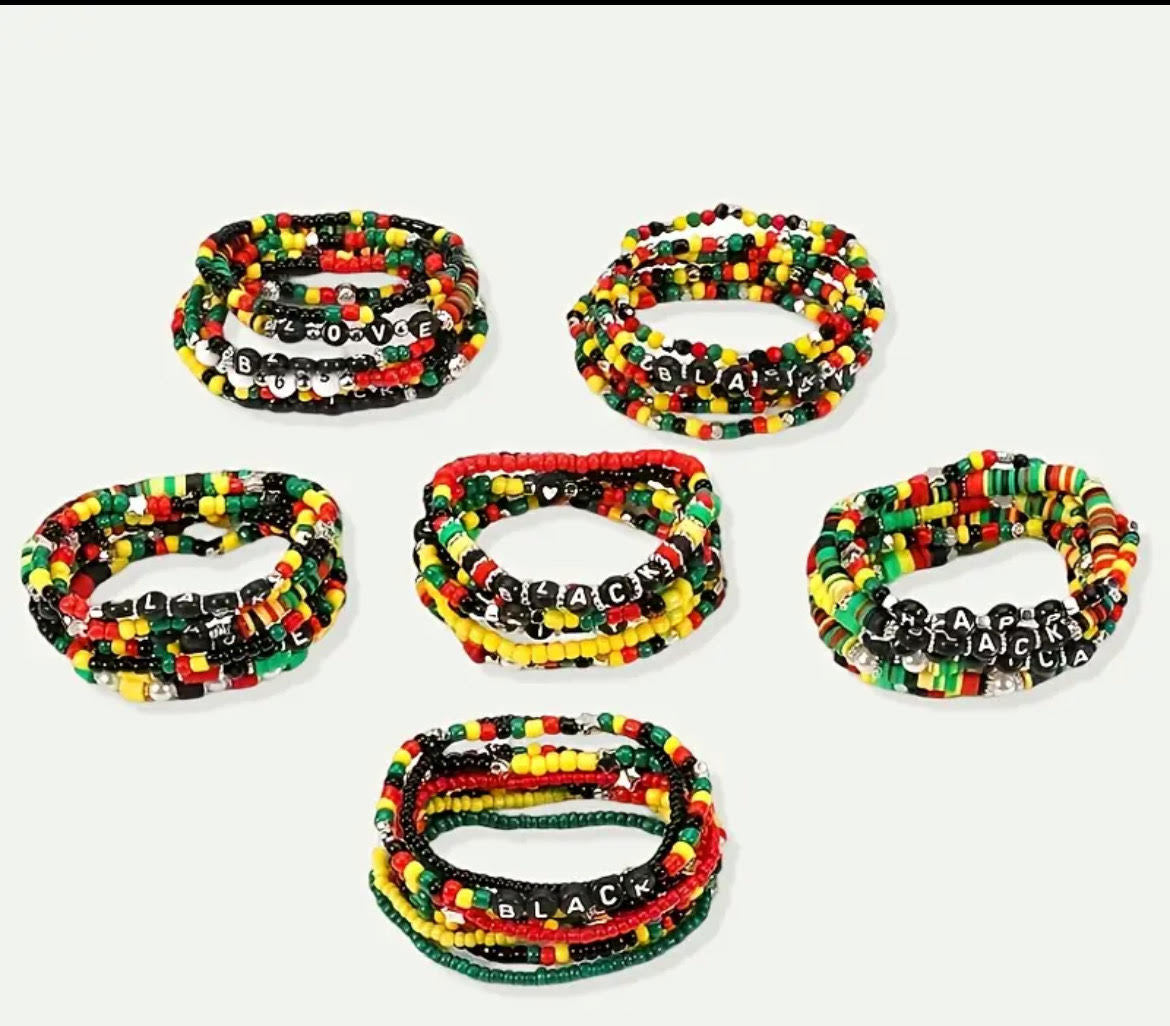 Juneteenth Bracelet Set – Black, Africa, Happy | Colorful African Beaded Stack | Boho Elastic Bracelets | Red, Black, Green Festival Jewelry (Unisex) (Copy)