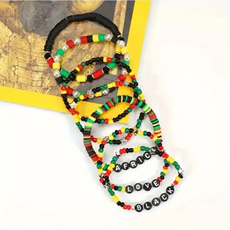 Juneteenth Bracelet Set – Black, Africa, Happy | Colorful African Beaded Stack | Boho Elastic Bracelets | Red, Black, Green Festival Jewelry (Unisex) (Copy)